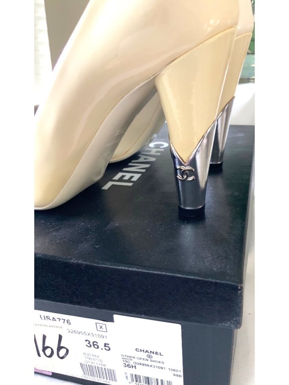 Chanel Ivory Patent Leather Peep Toe Heels With Silver Logo on heels Size 36.5 E